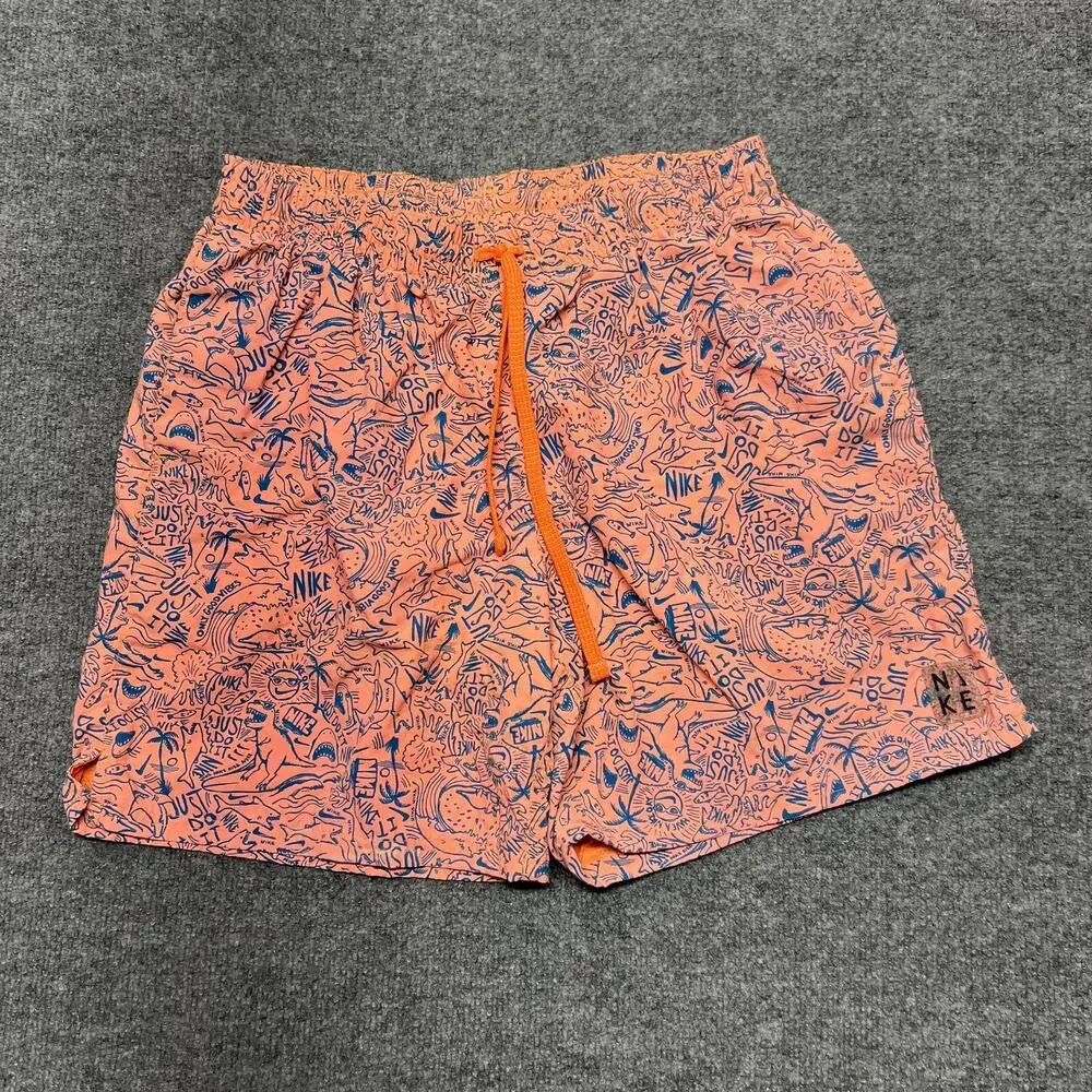 Nike Shorts Mens L Orange Swim Trunks Shark Graphic Just Do It Drawstring Lined